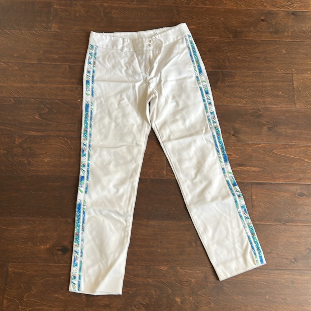 Club Monaco Women’s White Pants Capri Sz 2 ST2825 Colorful Stripe On Sides